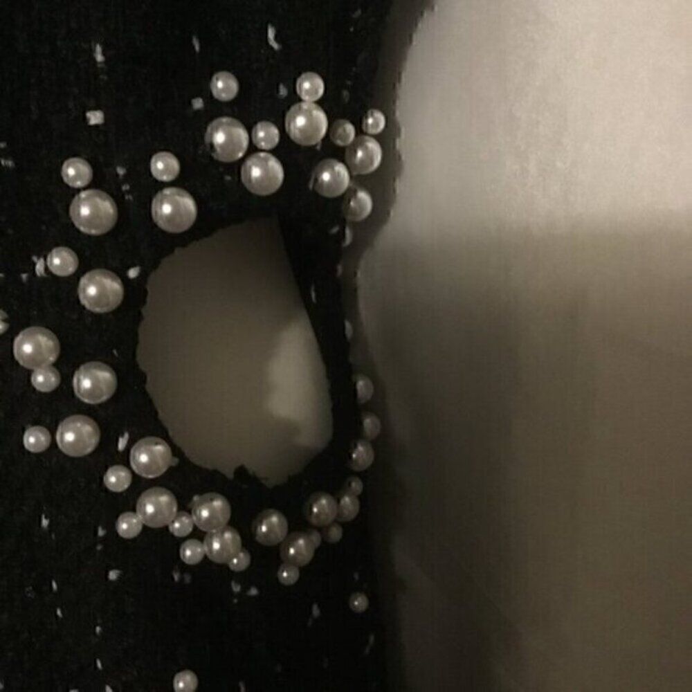 Black Texture Tweed Weave Cutout Mini Dress With Faux Pearls L - Picture 5 of 16